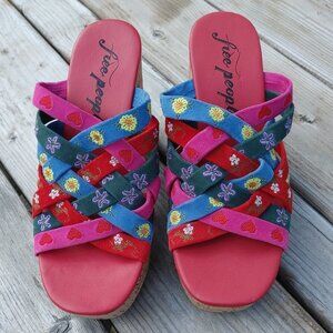 Free People Lisbon Platform Mules Sandal Embroidery Cherry Multi Cork 39/9 NEW